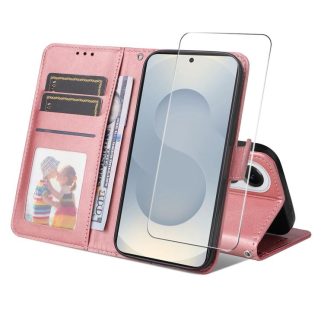 ENKAY Card Wallet Calf Texture Leather Phone Case with Screen Film, For Samsung Galaxy S25 Edge 5G, For Samsung Galaxy S25 5G, For Samsung Galaxy S25+ 5G, For Samsung Galaxy S25 Ultra 5G