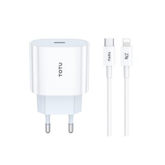TOTU PD 20W Type-C Port Charger with Type-C to 8 Pin Data Cable Set, EU Plug, UK Plug