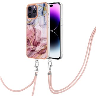 Electroplating Marble Dual-side IMD Phone Case with Lanyard, For iPhone 15 Pro Max, For iPhone 15 Pro, For iPhone 15 Plus, For iPhone 15