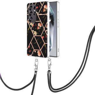 Electroplating Splicing Marble Flower IMD TPU Phone Case with Lanyard, For Samsung Galaxy S25 Ultra 5G, For Samsung Galaxy S24 Ultra 5G, For Samsung Galaxy S24+ 5G, For Samsung Galaxy S24 5G, For Samsung Galaxy S23 FE 5G
