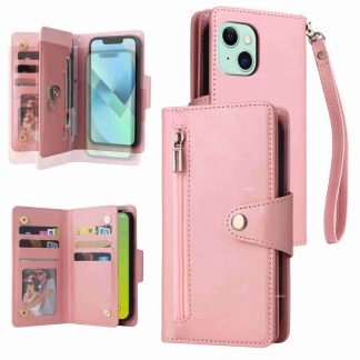 Rivet Buckle 9 Cards Three Fold Leather Phone Case, For iPhone 15