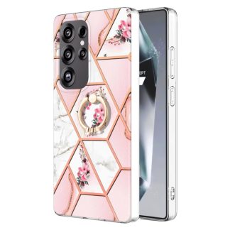 Electroplating Splicing Marble Flower Pattern TPU Shockproof Case with Rhinestone Ring Holder, For Samsung Galaxy S25 Ultra 5G, For Samsung Galaxy S24 Ultra 5G, For Samsung Galaxy S24+ 5G, For Samsung Galaxy S24 5G