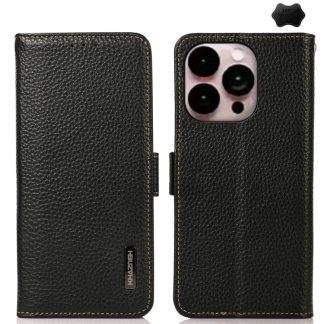 KHAZNEH Side-Magnetic Litchi Genuine Leather RFID Case, For iPhone 16 Pro, For iPhone 16 Plus, For iPhone 16