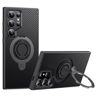 Carbon Fiber MagSafe Phone Case with 360 Degree Rotating Holder, For Samsung Galaxy S24 Ultra 5G, For Samsung Galaxy S24+ 5G, For Samsung Galaxy S24 5G, For Samsung Galaxy S23 Ultra 5G