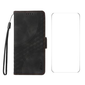 ENKAY reliëf ruit sterren lederen telefoonhoesje met schermfolie, For iPhone 16 Pro Max, For iPhone 16 Pro, For iPhone 16 Plus, For iPhone 16