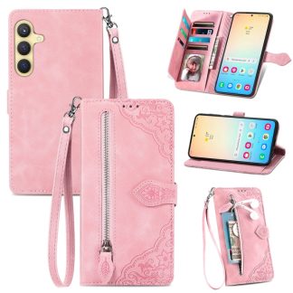 Embossed Flower Zipper Leather Phone Case, For Samsung Galaxy S25+ 5G, For Samsung Galaxy S25 Ultra 5G
