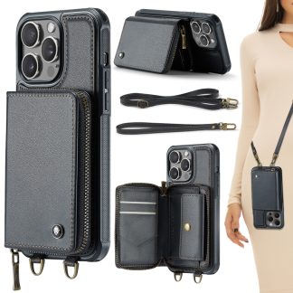 JEEHOOD C22 Series Zipper Wallet Leather Phone Case with Dual Lanyard, For iPhone 15 Pro Max, For iPhone 15 Pro, For iPhone 15 Plus, For iPhone 15